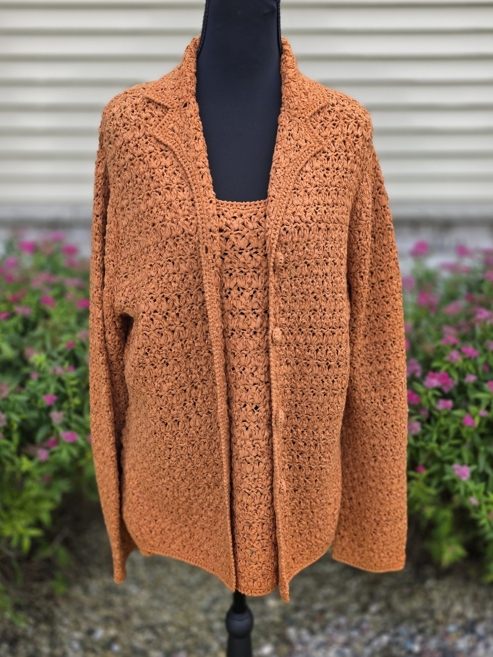 Jones New York XL 2 Piece Crochet Cardigan Tank Sweater Set Orange